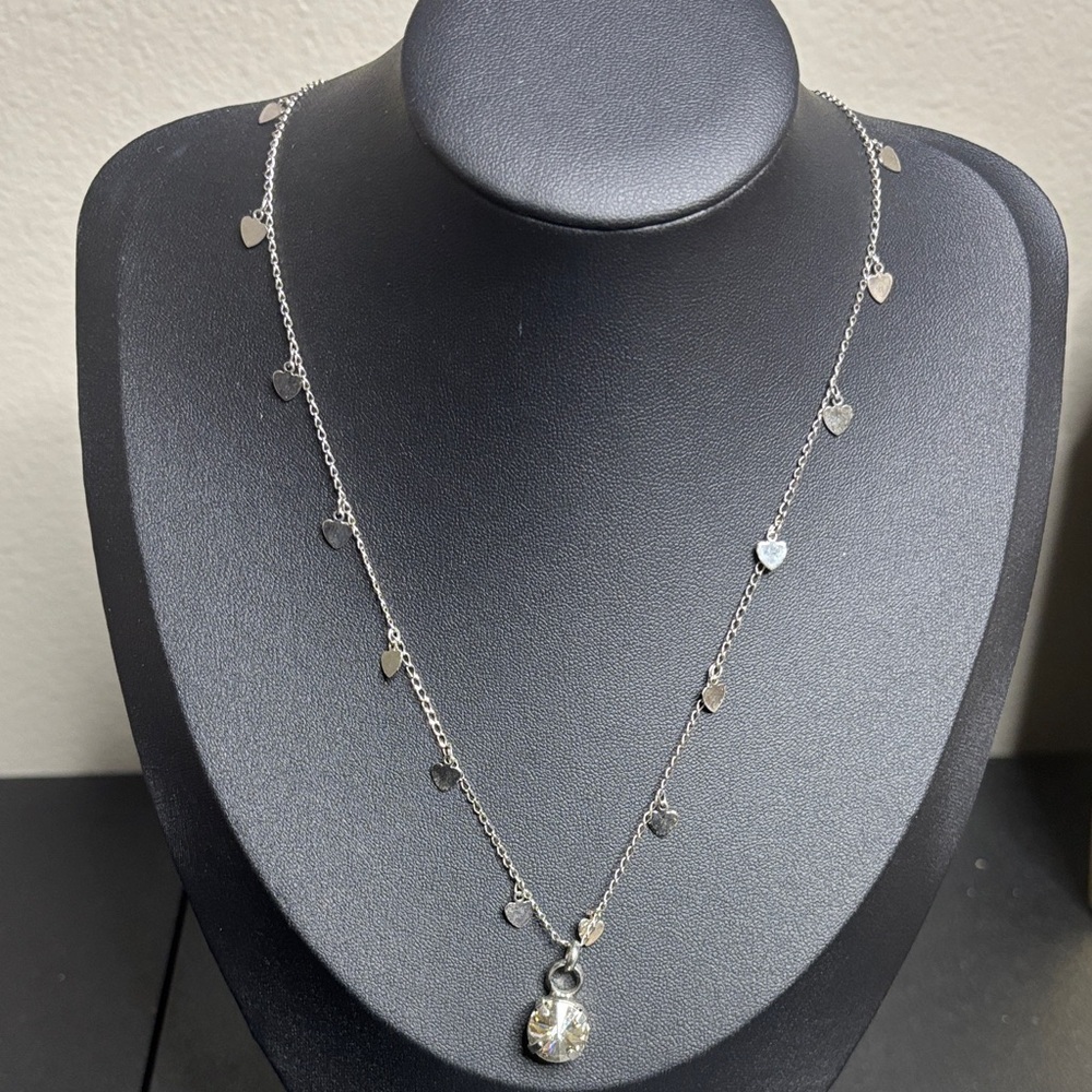 BJWLD Silver Tone Dangle Heart Charm Rhinestone Necklace